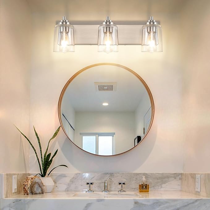 SOLFART Brushed Nickel Vanity Light Bathroom Light Fixtures Over Mirror 3 Light Bathroom Lights for Mirror Bathroom Vanity Lighting