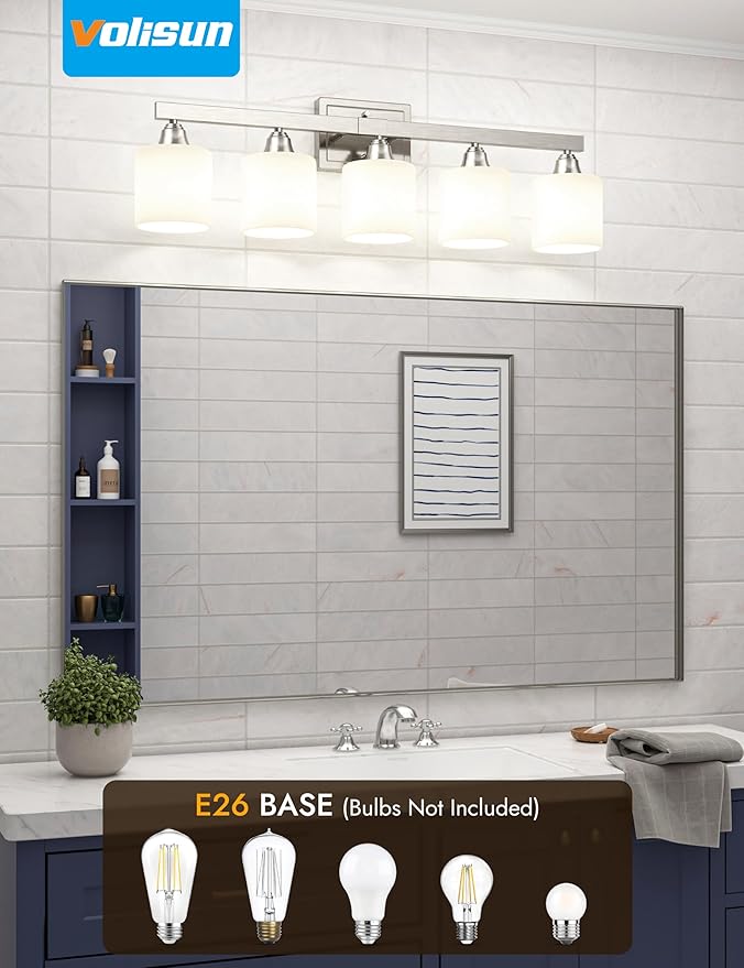 VOLISUN Brushed Nickel Bathroom Light Fixtures, 5-Light Bathroom Vanity Lights Over Mirror, Modern Vanity Light for Bathrooms, Bathrooms Lights Fixtures Over Mirror with Milky White Glass Shades