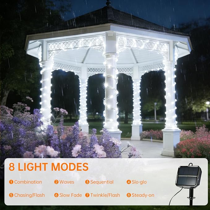 Solar Rope Lights for outside, 66ft 200 LED Solar string Lights with 8 Modes, Waterproof Solar Outdoor Light for Patio Garden Party Tree Porch Pool Fence Outdoor Holiday Xmas Decoration-White