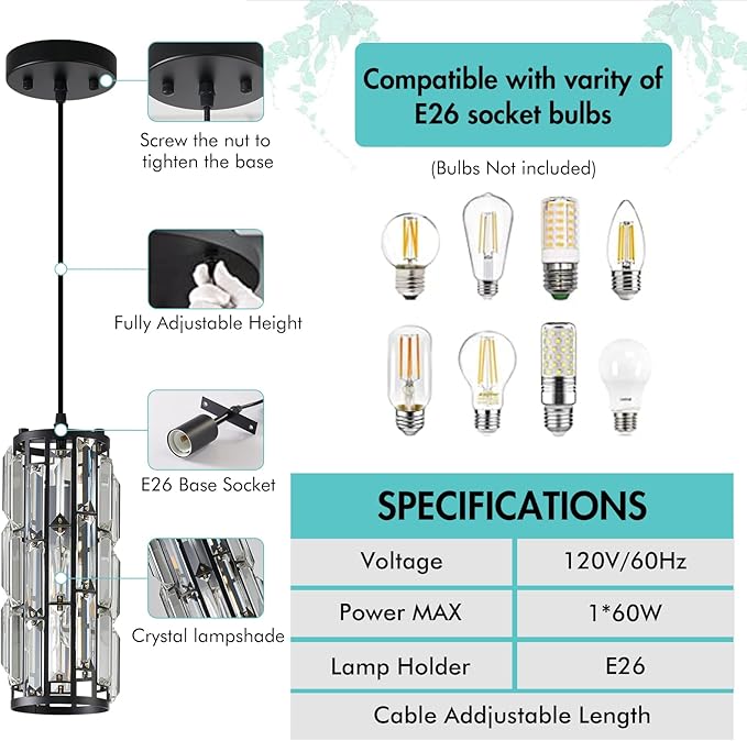 Black Pendant lamp Modern Pendant lamp, Mini Crystal Pendant Light, Adjustable Pendant Light for Kitchen, Dining Room, Bedroom(Black Pack of 2)