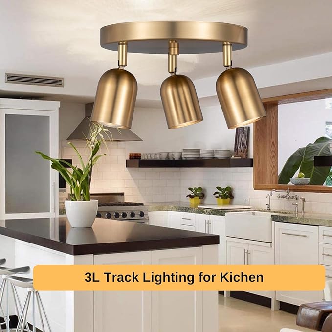 3 Light Track Lighting Kit Canopy,Matt Brass Finish with Modern Flush Mount Ceiling Spotlight for Kitchen,Bedroom,Living Room,Home Improvement