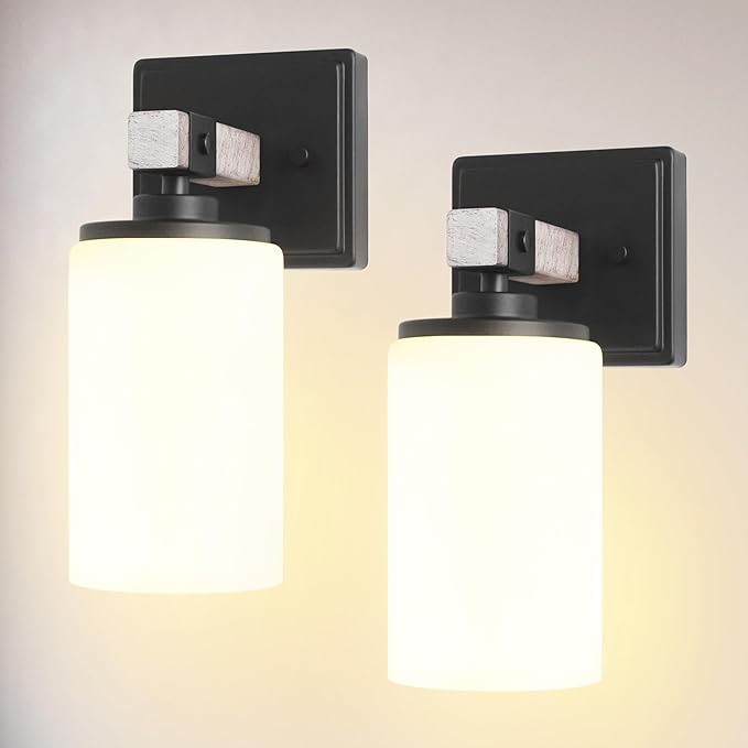 Wall Sconces Set of Two, Farmhouse Rustic Vanity Light for Bathroom, Wall Light Fixtures with White Shade for Mirror, Bedroom, Living Room, White Handcrafted Wood-Grain, Hardwired(Bulbs Not Included)