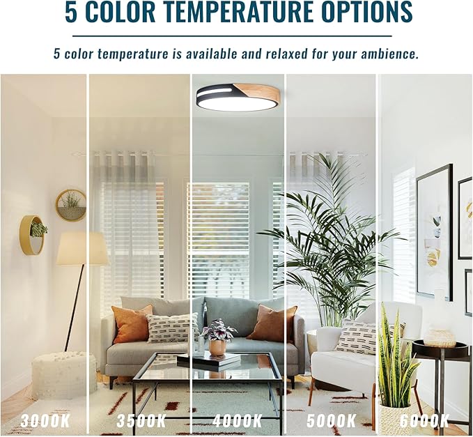 Black and Wood Flush Mount Ceiling Light Fixture 12 inch, Dimmable LED Flush Mount Black, Modern Light Fixture Ceiling Mount for Bedroom, Living Room, Kitchen, Bathroom, Hallway