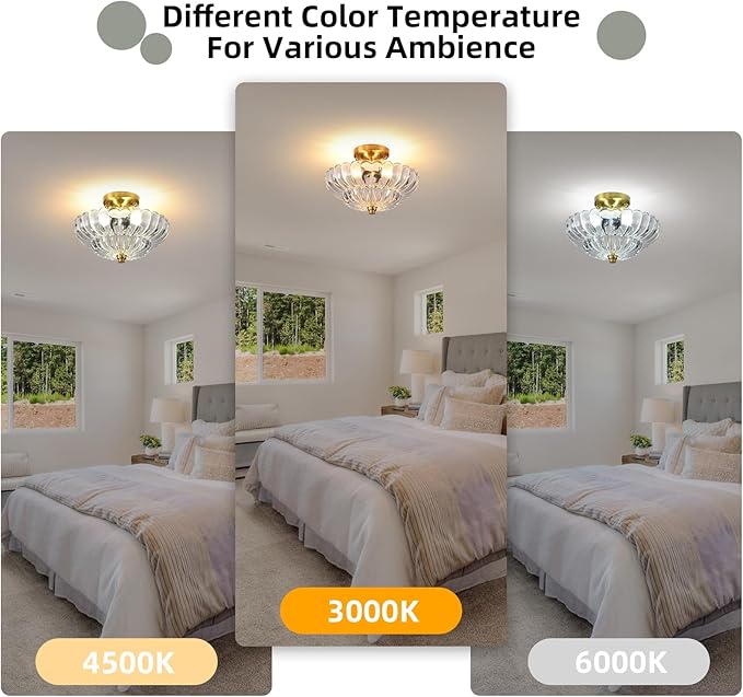 Semi Flush Mount Ceiling Light, 11.8 Inch Gold Vintage Hallway Light Fixture with Transparent Glass, Close to Ceiling Light for Bedroom Kitchen Living Room Bathroom Foyer, E26 Base