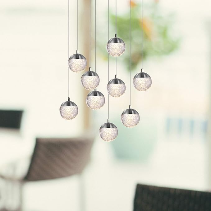 contec development Galaxy 9 Mini Pendant Crystall Ball Lighting Nickel - LED Hanging Light Fixture: Kitchen Island, Bar, Foyer - Cluster Pendants - Dimmable, Adjustable Wire, Lamp Bulb Included