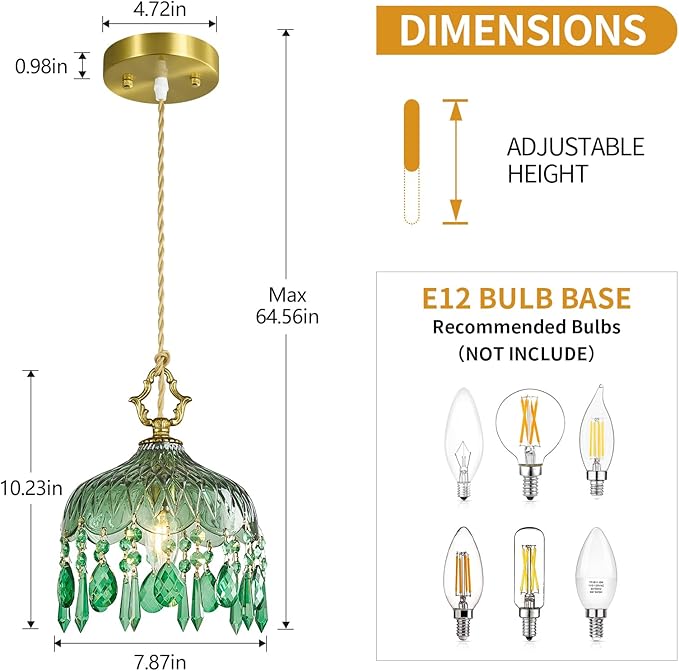 Brass Vintage Pendant Light Green Crystal Hanging Light Fixtures,Adjustable Height Green Glass Pendant Lights for Kitchen Island Dining Room Living Room Bedroom Hallway(Green,2-Pack)