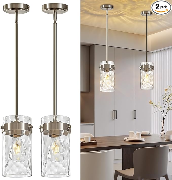 Hammered Glass Pendant Lighting for Kitchen Island 2 Pack, Modern Brushed Nickel Pendant Light Fixtures 4.72", Adjustable Ceiling Pendant Light for Kitchen Island Dining Room Hallway