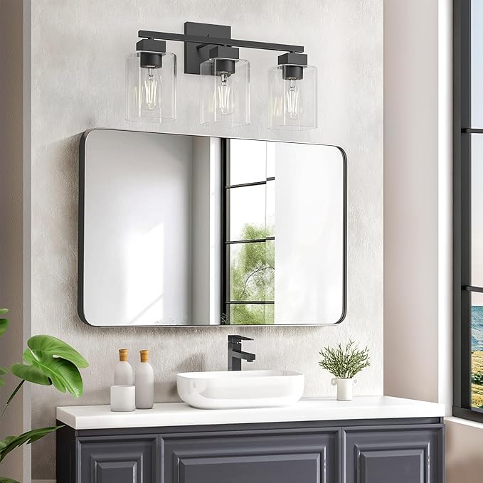 Espird Matte Black Bathroom Vanity Light, 3-Light Vanity Lighting fixtures Over Mirror, Square Design & UL Certification, Wall Sconces with Clear Glass Shades, E26 Socket (Bulbs Not Included)