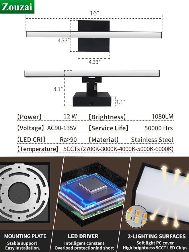 zouzai Second Generation Modern LED Bathroom Vanity Light Bar Black IP44 Over Mirror Bath Wall Fixture 5CCT Adjustable, Dual-Sided, 180° Adjustable Angle (16 inch)