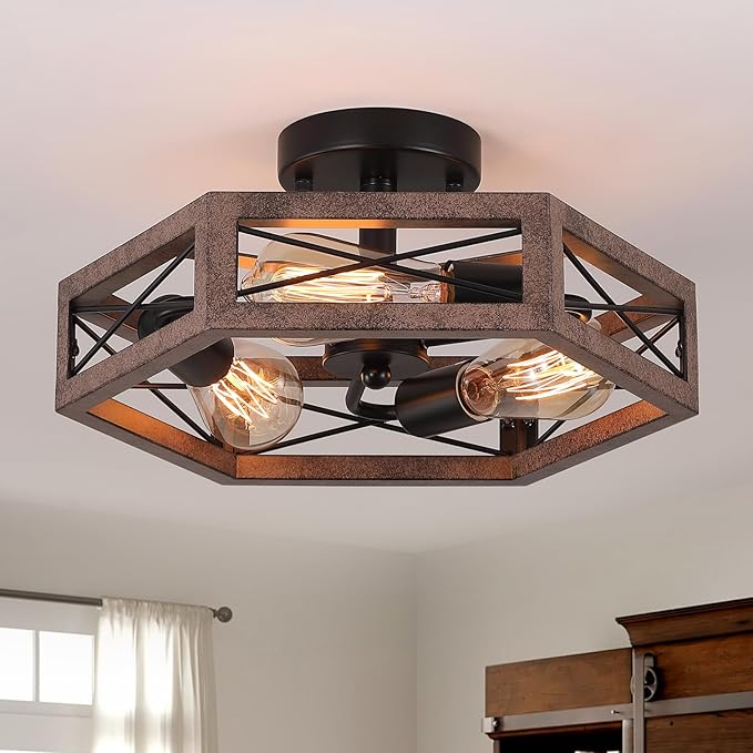 3-Light Rustic Farmhouse Metal Flush Mount Ceiling Light Fixture 14.5 inch Antique Oak Hexagon Cage Semi Flush Mount Ceiling Light for Hallway Hall Entry Bedroom Kitchen Farmhouse, Black