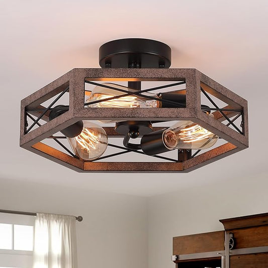 3-Light Rustic Farmhouse Metal Flush Mount Ceiling Light Fixture 14.5 inch Antique Oak Hexagon Cage Semi Flush Mount Ceiling Light for Hallway Hall Entry Bedroom Kitchen Farmhouse, Black