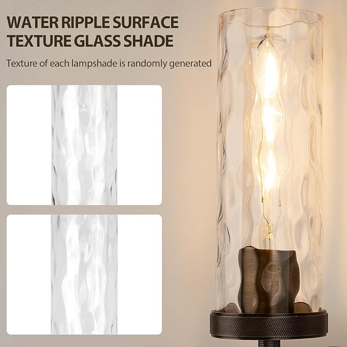 15" Knurled Brass Wall Sconces Set of 2, Bronze Bathroom Vanity Light Fixtures with Water Ripples Glass Tube, Modern Lamp Lighting for Bedroom, Living Room, Hallway, Staircase, Mirror, Kitchen