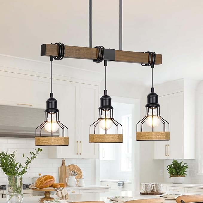 3-Light Dining Room Light Fixture Over Table Chandelier Rustic, Solid Wood Kitchen Island Lighting Fixture Ceiling Linear Dining Ceiling Mount Lamp Modern Metal Lampshade Dining Pendant Light
