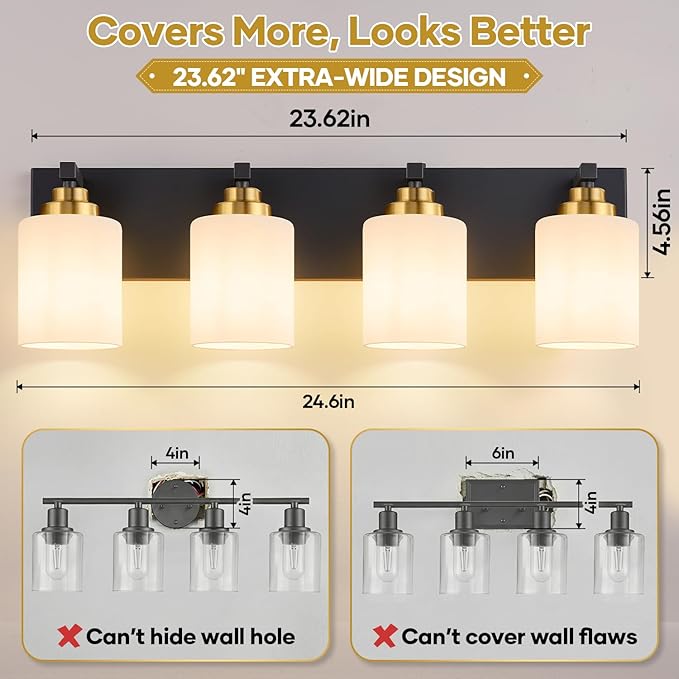 Bathroom Vanity Light Fixture, 4-Light Black and Gold Bathroom Light Fixtures Over Mirror with Milky White Glass Shades, Modern Vanity Lights for Bathroom Living Room Hallway (Bulbs Not Included)