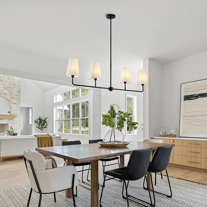 Black Linear Chandelier Modern Farmhouse Kitchen Island Light Fixture Classic 4 Light Chandeliers with White Linen Shades Over Dining Table
