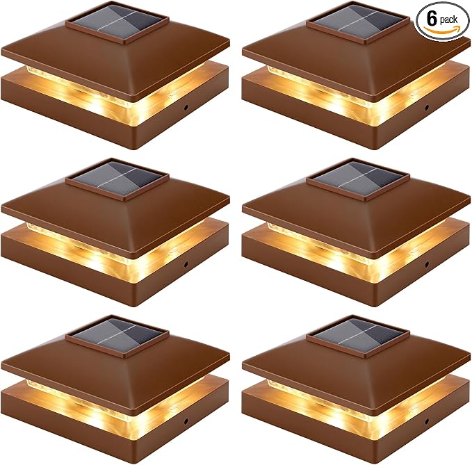 Solar Post Cap Lights Outdoor 6pack, Brown Waterproof Solar Powered Deck Fence Post Lights Fit 4x4 Wood/Vinyl Posts, Bright Warm White Solar Post Lights Decorate Deck, Patio, Porch, Fence (6pack)
