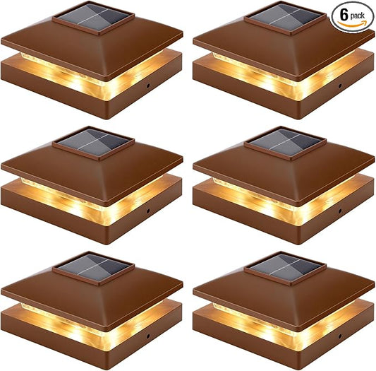 Solar Post Cap Lights Outdoor 6pack, Brown Waterproof Solar Powered Deck Fence Post Lights Fit 4x4 Wood/Vinyl Posts, Bright Warm White Solar Post Lights Decorate Deck, Patio, Porch, Fence (6pack)