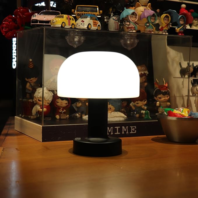 HAPYGI Small Mushroom Table Lamp, Cordless Night Light with 2600mAh Rechargeable Battery, Stepless Dimming Desk Lamp with 3 Colors for Bedroom/Patio/Living Room (Black-1)