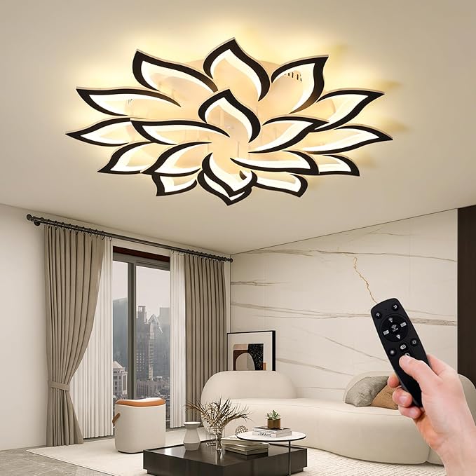 JAYMP 39.4" Flower Shaped Ceiling Light Dimmable Modern Ceiling Lamp Remote Control LED Lighting Fixture for Living Room Dining Room Farmhouse (Black/18 Petals)