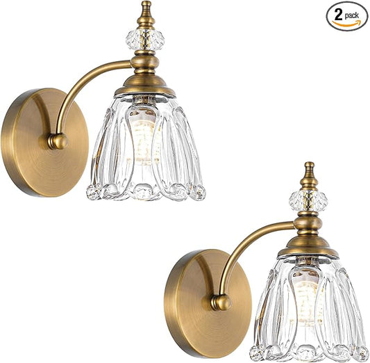 Brushed Antigue Brass Wall Sconces Set of Two, Hardwired Bathroom Vanity Light Fixtures, Vintage Sconces Wall Deco Set of 2, Glass Wall Lights for Bathroom, Bedroom,Hallway (Excludes G9 Bulb)