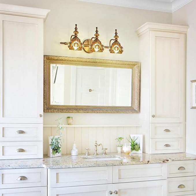 Vintage Bathroom Vanity Light Fixtures, 3-Light Brass Vanity Wall Light Over Mirror with Amber Glass Shade for Bathroom Bedroom Living Room