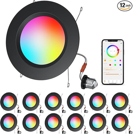 Black 5/6inch Color Changing LED Can Lights,12Pack Retrofit LED Recessed Lighting,13W 1050LM Smart Recessed can Light,Compatible with Alexa,Bluetooth APP Control,for Bedroom Kitchen Livingroom