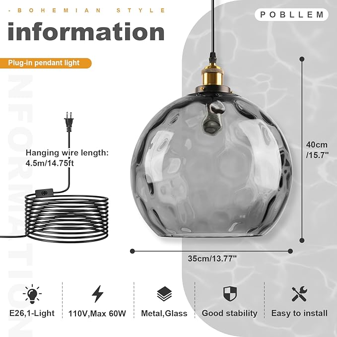 Large Globe Hanging Lights Plug in, 13.8" Vintage Smoke Glass Hanging Lamp with Plug in Cord, Grey Plug in Pendant Light Fixtures Ceiling Hanging for Kitchen Island Dining Room Living Room