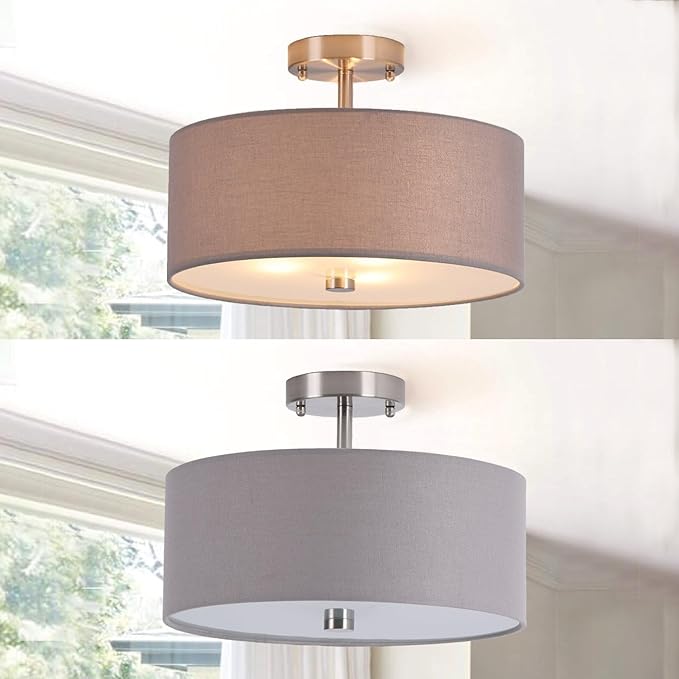 14 inch Semi Flush Mount Ceiling Light: 3-Light Modern Brushed Nickel Light Fixtures Ceiling Mount Lamp, Drum Gray Linen Shade & Glass Diffuser Perfect for Entryway Kitchen(Bulb Exclude)