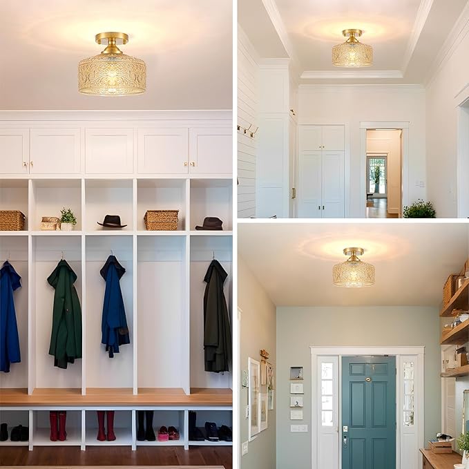 Small Semi Flush Mount Ceiling Light Fixture, Vintage Gold Close to Ceiling Lighting with Amber Etched Glass Shade for Hallway, Kitchen, Entryway (Retro Design, Easy Install)
