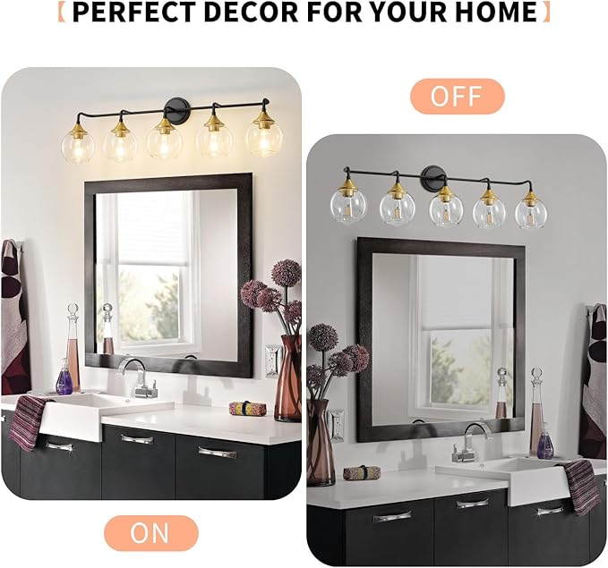 Bathroom Vanity Light with Clear Glass Shade, E26 Base, Vanity Lighting Fixtures Over Mirror, 39 Inch Vanity Lights for Bathroom (Exclude E26 Bulb) (Black and Gold, 5-Lights)