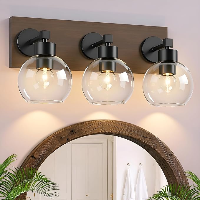 Farmhouse Bathroom Vanity Light Fixtures, Bathroom Light Fixtures Over Mirror,3-Light Rustic Black Wood Wall Sconces, Vintage Vanity Light for Bathroom with Clear Glass Shade (Black, 3-Light)