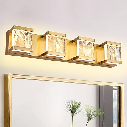 MELUCEE 4 Lights LED Bathroom Vanity Light with Unique Smoke Acrylic Panel, Modern Brass Vanity Light Bar Bathroom Light Fixtures Wall Sconce for Bath Powder Room Entryway, 20W 3000K Warm Lighting