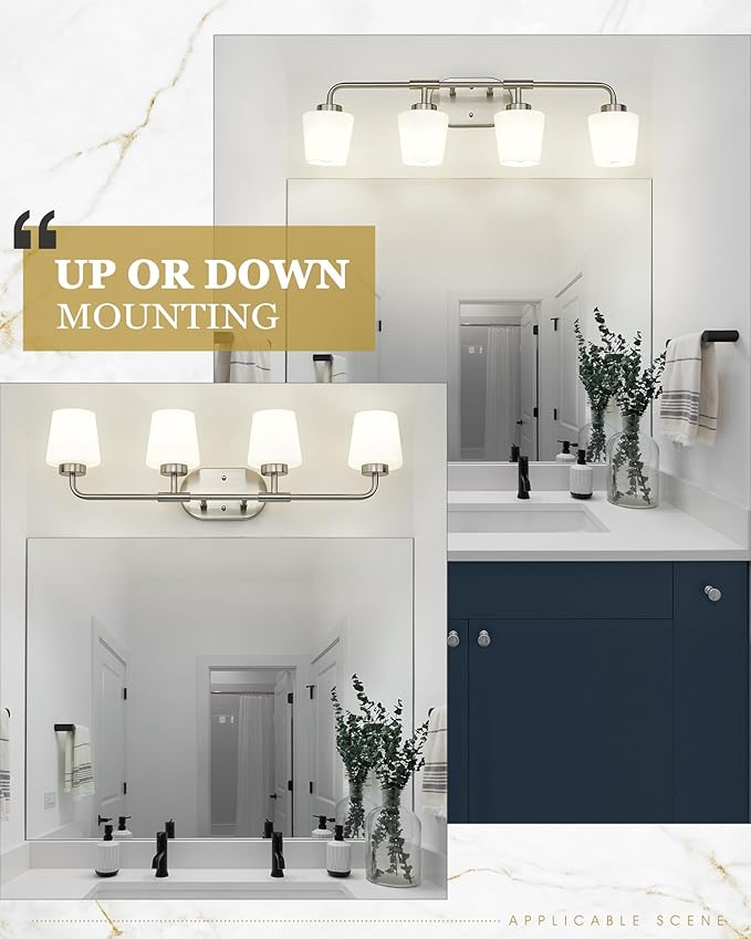 Bathroom Light Fixtures Over Mirror, 4-Light Brushed Nickel Vanity Lighting Fixtures with Milk White Glass, Vintage Farmhouse Wall Sconces Lighting, AD-22004-4W-SN