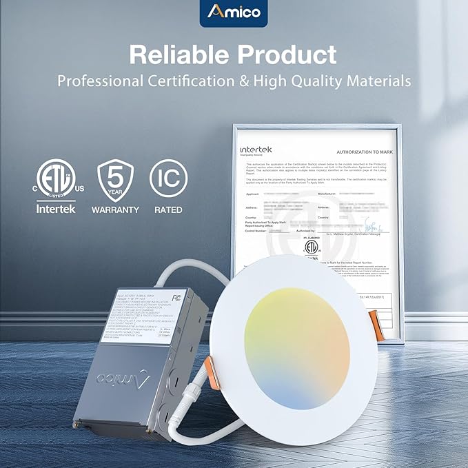 Amico 16 Pack 4 Inch 5CCT Ultra-Thin LED Recessed Ceiling Light with Junction Box, 2700K/3000K/3500K/4000K/5000K Selectable, 11W Eqv 70W, Dimmable Can Light, 800LM High Brightness Downlight - ETL