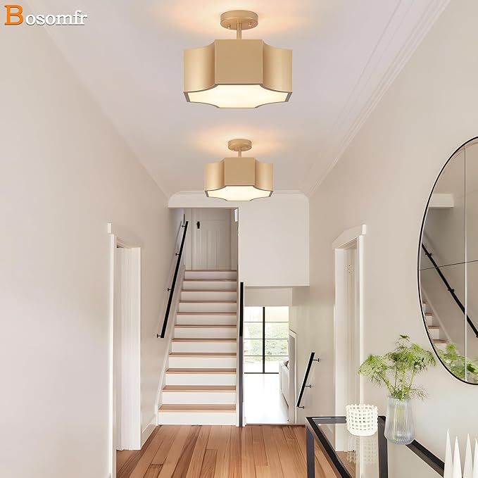 Modern Gold 3-Light Ceiling Light Fixture, Metal Industrial Semi Flush Mount Close to Ceiling Light, Farmhouse Light Fixtures Ceiling Mount, Geometry Chandelier for Kitchen, Dining Room, Hallway