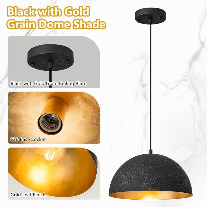 Farmhouse Pendant Light,11.8" Black with Gold Grain Industrial Dome Chandelier,Adjustable Vintage Pendant Lights Kitchen Island for Dining Room,Bedroom,Hallway