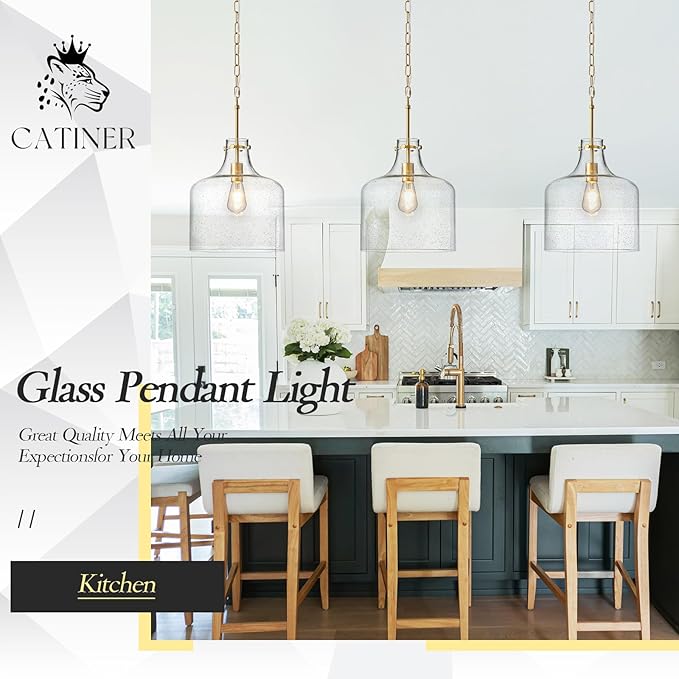 CATINER 12" Gold Glass Pendant Light, Seeded Bubble Shade Modern Farmhouse Hanging Light for Kitchen Island, Dining Room, E26 Dimmable Ceiling Fixture