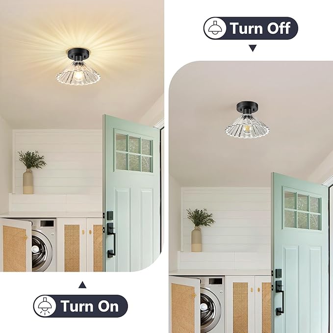 Modern Round Glass Ceiling Light, Mid-Century Lighting Fixtures, Black Semi Flush Mount Ceiling Light for Hallway, Kitchen, Laundry Room, Bathroom, Entryway, 9.7 in