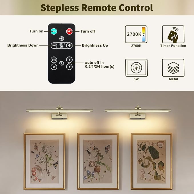DESOOP Wireless Picture Lights Rechargeable Gallery Lighting Battery Picture Frame Light with Remote and Timer, Adjustable Art Light for Paintings, Portraits, Antique Bronze Finish 24'' Inch 5W 2700K