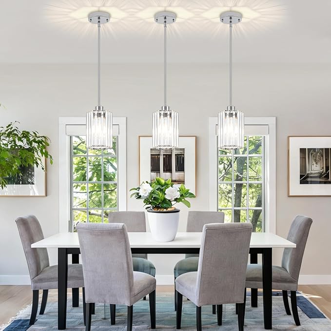 3-Pack Chrome Pendant Lights Kitchen Island Modern Crystal Hanging Pendant Light Hexagonal Mini Chandelier Adjustable Hanging Kitchen Lights for Dining Room Hallway Bedroom Entryway Light Fixture