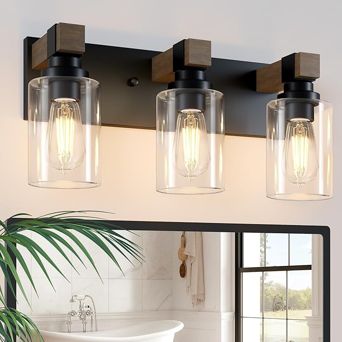 Farmhouse Bathroom Vanity Light Fixtures, Rustic 3-Light Wood Vanity Lights for Bathroom, Vintage Black Wall Sconces Lighting, Light fixtures Over Mirror, with Glass Shade