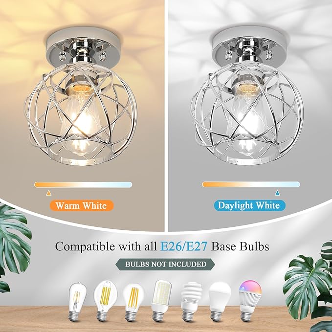 Hallway Ceiling Light Fixtures,Flush Mount Ceiling Lights Metal Cage Indoor Industrial Ceiling Lights E26 Semi Flush Mount Ceiling Light for Porch Entryway Foyer Bathroom(Chrome)