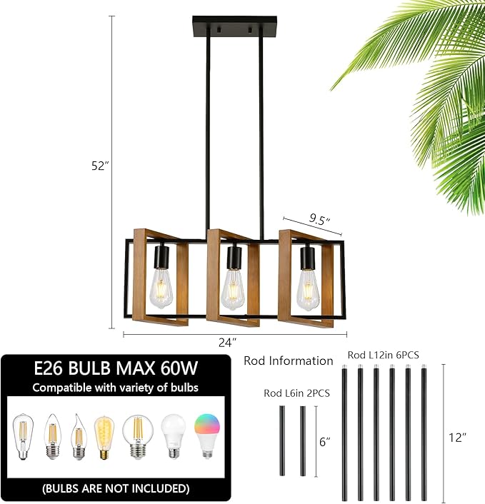 23.6" Kitchen Island Lighting,3 Lights Dining Table Chandelier, Rectangle Island Light for Dining&Living Room, Foyer Hallway,E26, Wood Frame.