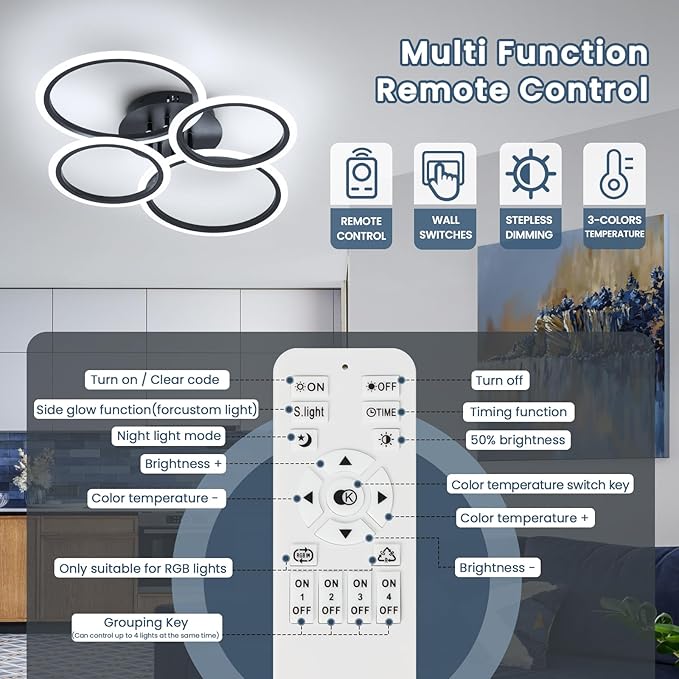 Black Modern Ceiling Light, 4 Rings Dimmable Flush Mount Ceiling Light with Remote, Acrylic Close to Ceiling Lighting Fixture for Dining Room Living Room Bedroom Kitchen (Black, 4 Heads)