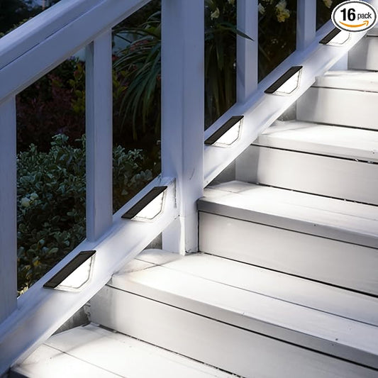 SOLPEX 16 Pack Four-Sided Illumination Solar Step Lights for Outside, Solar Stair Lights Outdoor, Solar Railing Lights Outdoor Waterproof with 33 LEDs for Steps, Stair, Deck, Porch (Cold White)