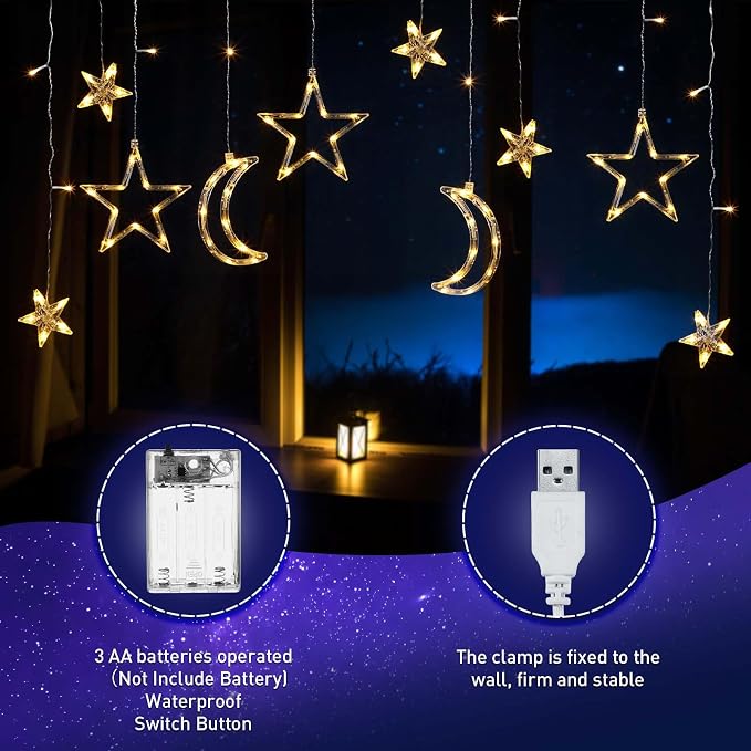 Riakrum 11.48 ft 21 LED Star and Moon String Lights Plug in Christmas Warm White Fairy Light Waterproof Decor for Bedroom USB Powered LED Curtain Light with USB Battery Box Cable Clip Wedding Party