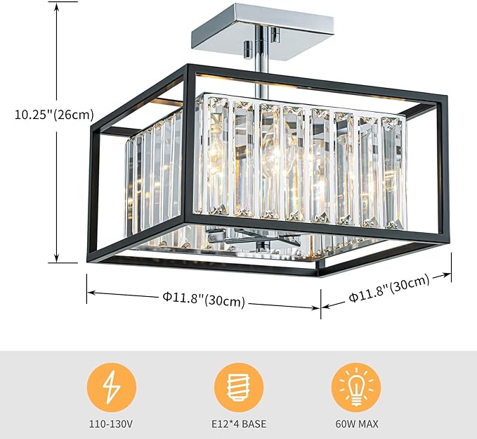 LumFurn 4-Light K9 Crystal Ceiling Light, 2-Tier Square Semi-Flushmount Light Fixture for Living Room, Foyer, Bedroom, L12 x W12 x H10inch, Clear Crystal & Black & Chrome Finish