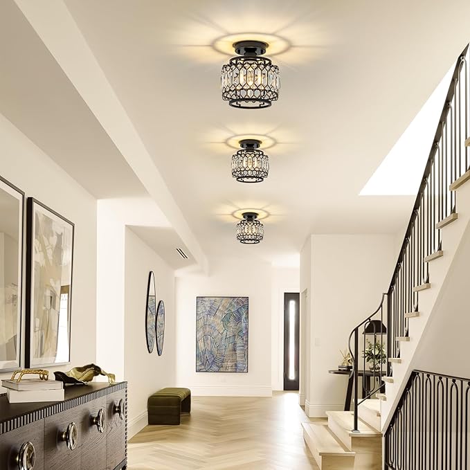 9" Modern Black Crystal Flush Mount Light - 50% Brighter LED, Dimmable Chandelier - Reinforced Iron Frame & K9 Crystals - Easy Install for Bedroom, Kitchen, Hallway