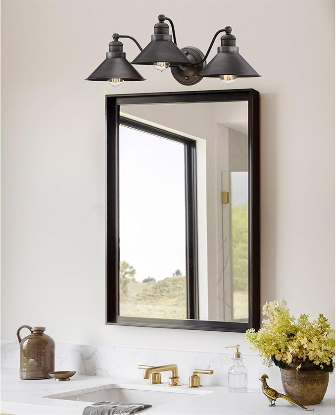 Kira Home Welton 25.5" 3-Light Modern Farmhouse Vanity Light with Funnel Shades, Industrial Dark Bronze Wall Sconce Bathroom Light, Brushed Dark Bronze Finish