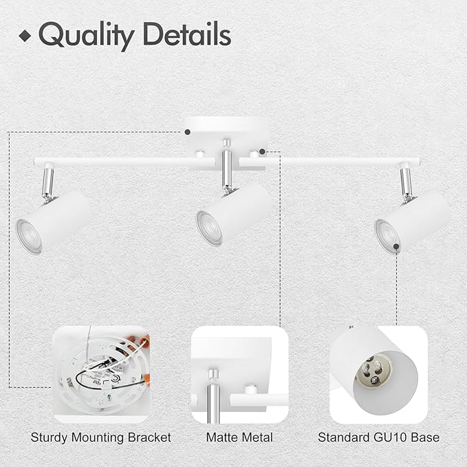 3 Light Track Lighting Fixtures Ceiling, White Kitchen Lighting Fixtures Ceiling, Track Lights Ceiling, Rotatable Light Heads, Modern Track Lights for Living Room,GU10 Bulb Not Included